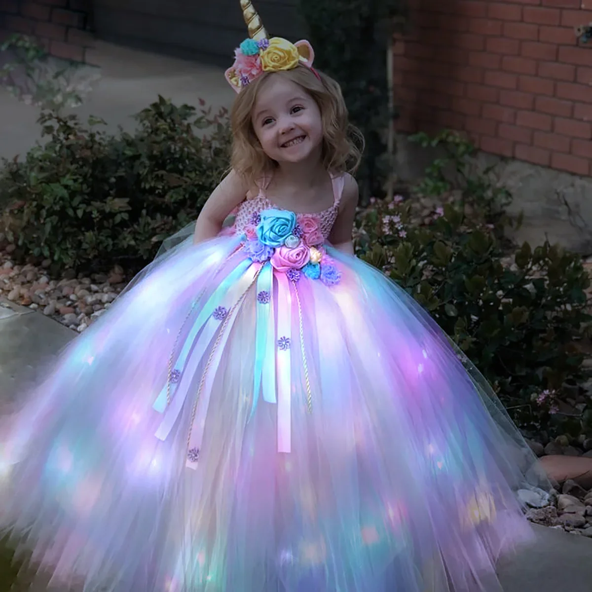 Diy Halloween Electronics - Mädchen Langes LED Einhorn Tutu Kleid